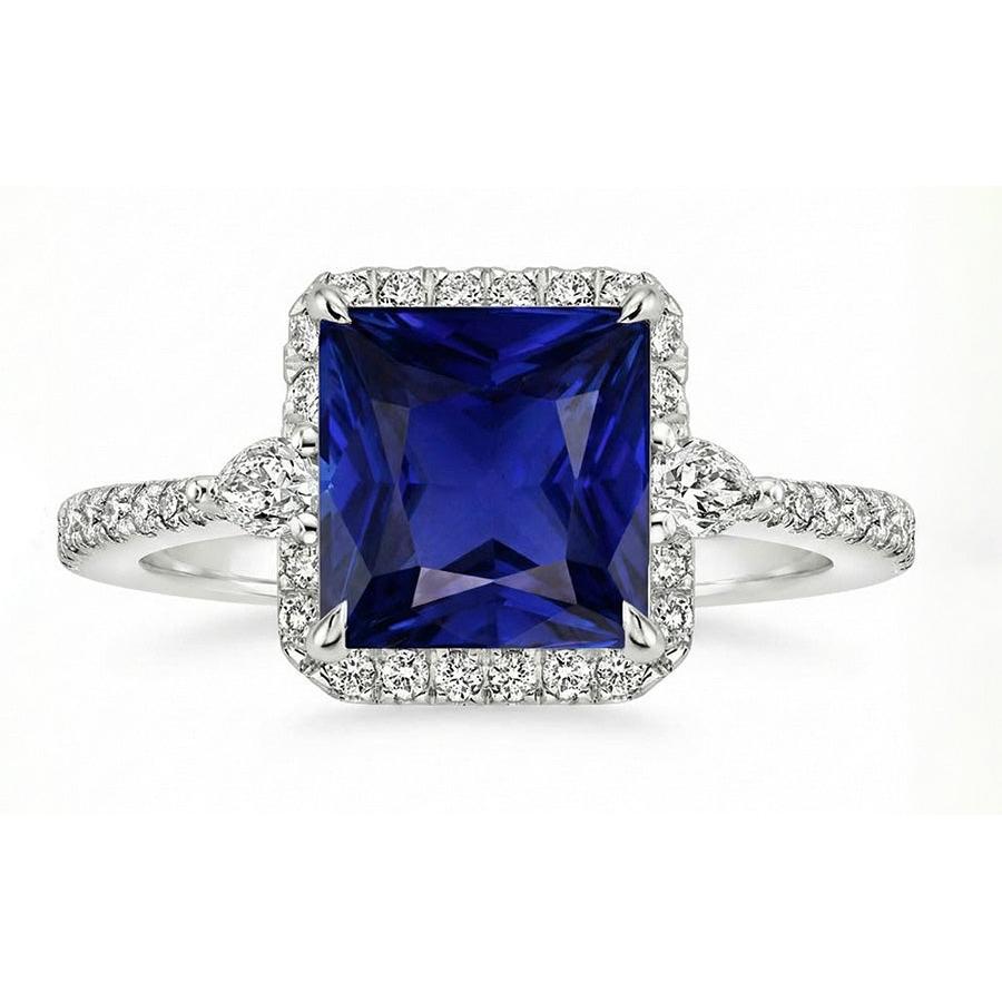 Gold Halo Natural Earth Mined Diamond ( Not Lab Grown ) Ring Princess Blue Sapphire With Accents 6.25 Carats