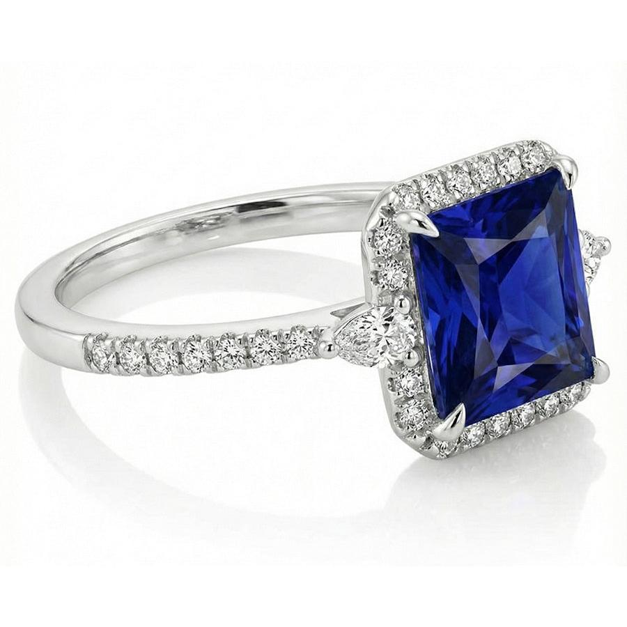 Gold Halo Natural Earth Mined Diamond ( Not Lab Grown ) Ring Princess Blue Sapphire With Accents 6.25 Carats