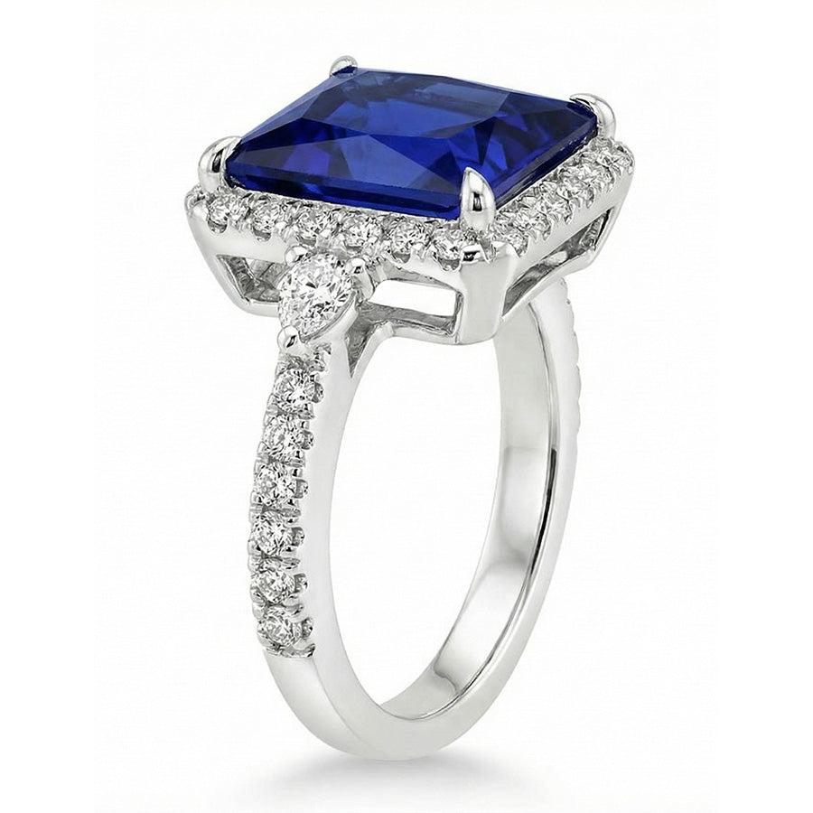 Gold Halo Natural Earth Mined Diamond ( Not Lab Grown ) Ring Princess Blue Sapphire With Accents 6.25 Carats