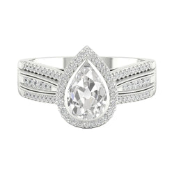 Gold Halo Old Cut Pear Real Natural Earth Mined Diamond Ring Triple Shank 4 Carats Milgrain