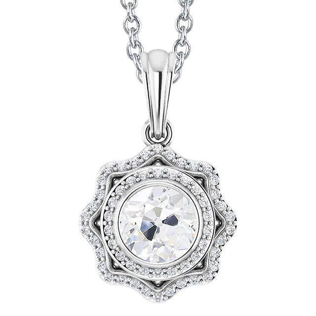 Gold Halo Real Diamond Pendant Bezel Round Old Miner Flower Style 3 Carats