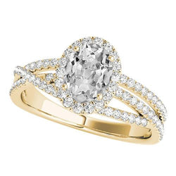 Gold Halo Ring Oval Old Cut Genuine Diamond Triple Split Shank 6.50 Carats