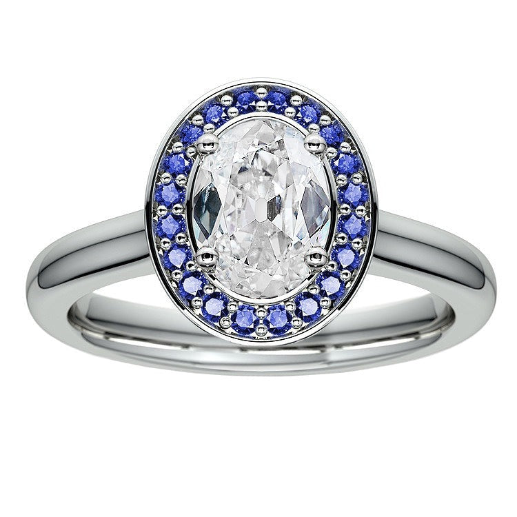 Gold Halo Ring Real Old Cut Oval Diamond With Round Sapphires 5.75 Carats