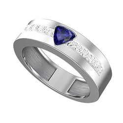 Gold Men's Ring Trillion Sapphire 2 Carats Channel Set Diamonds