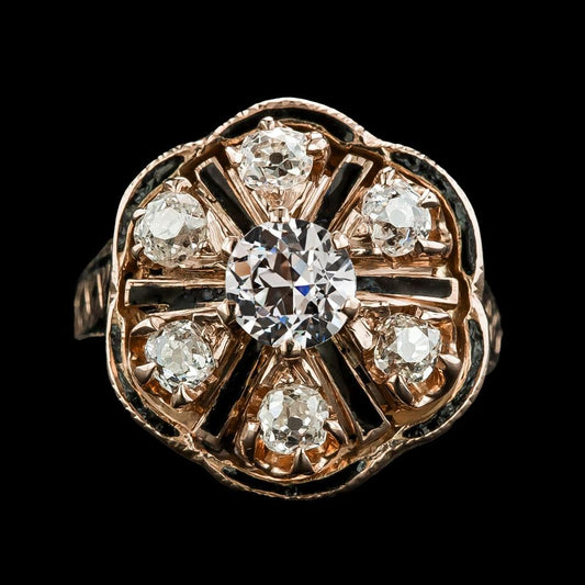 Gold Old Mine Cut Real Diamond Black Onyx Ring Flower Style 4.50 Carats - Halo Ring-harrychadent.ca