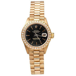 Gold Presidential Style Watch Black Stick Dial Diamond Bezel