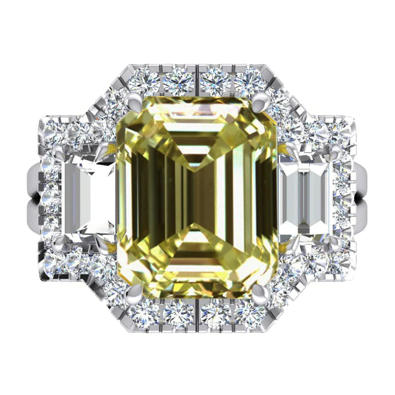 Gold Real Canary Yellow Halo Ring Emerald Cut Round Diamond Jewelry