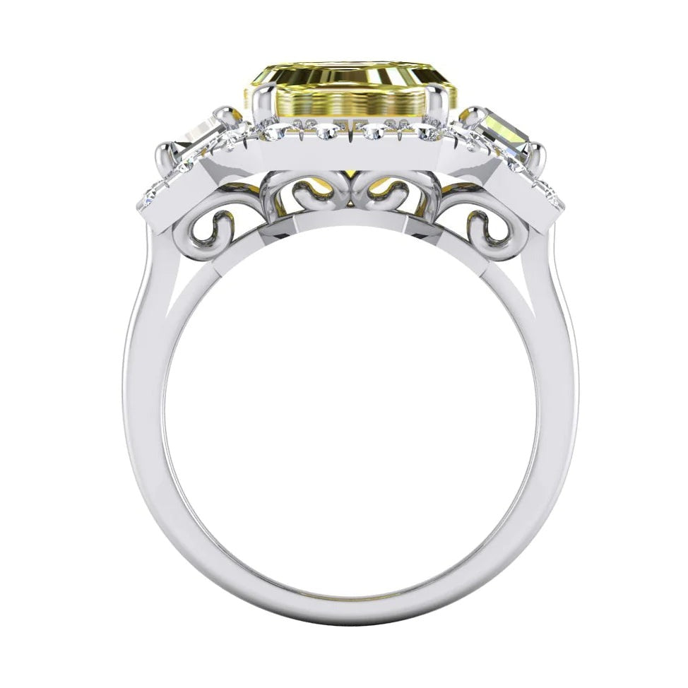 Gold Real Canary Yellow Halo Ring Emerald Cut Round Diamond Jewelry