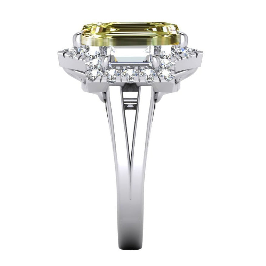 Gold Real Canary Yellow Halo Ring Emerald Cut Round Diamond Jewelry