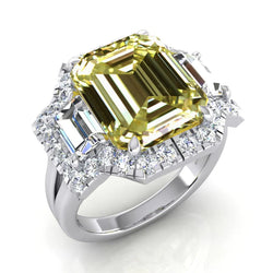 Gold Real Canary Yellow Halo Ring Emerald Cut Round Diamond Jewelry