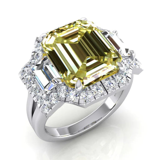 Gold Real Canary Yellow Halo Ring Emerald Cut Round Diamond Jewelry