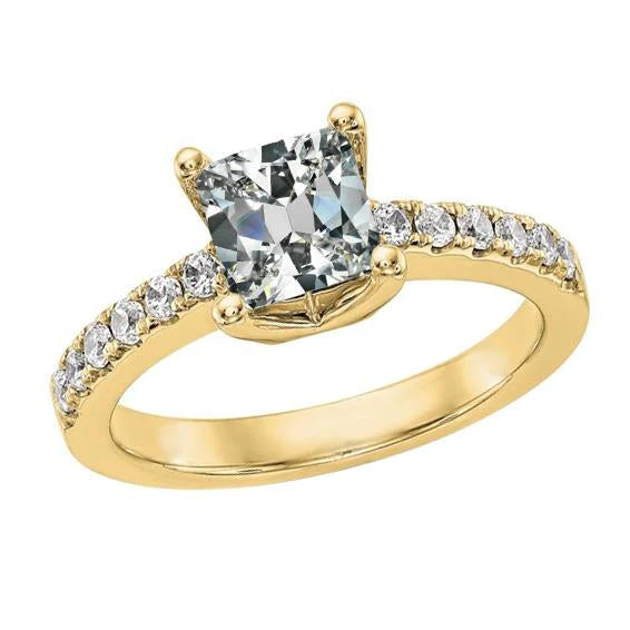 Gold Solitaire Ring With Accents Cushion Old Cut Real Diamond 4.50 Carats