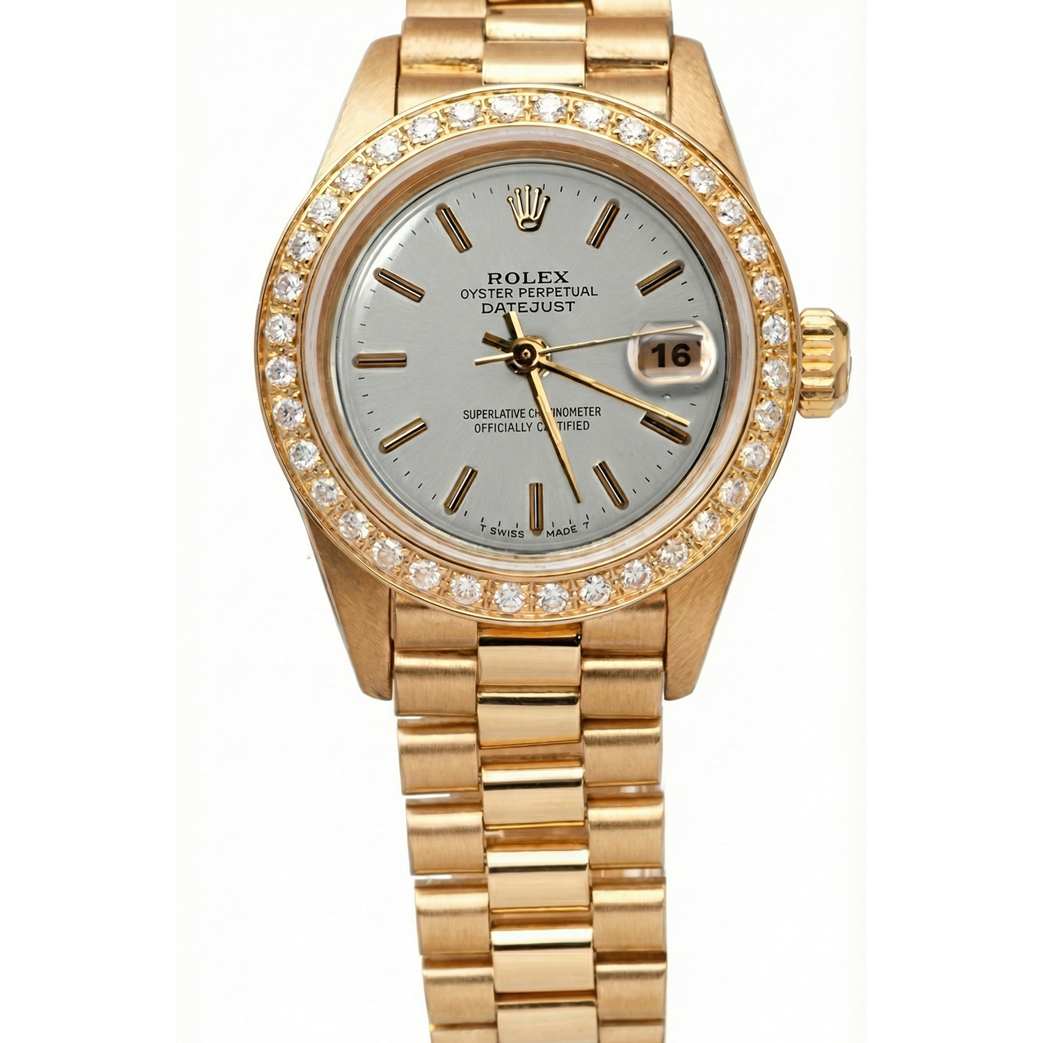 Gold Presidential Rolex Watch White Stick Dial Diamond Bezel Dj