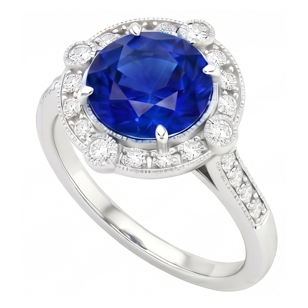 Gorgeous 5.60 Carats Sri Lanka Sapphire Round And Natural Earth Mined Diamond ( Not Lab Grown )  Gold Ring