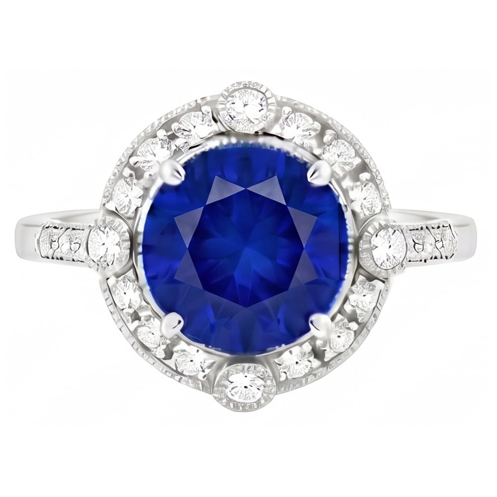 Gorgeous 5.60 Carats Sri Lanka Sapphire Round And Natural Earth Mined Diamond ( Not Lab Grown )  Gold Ring
