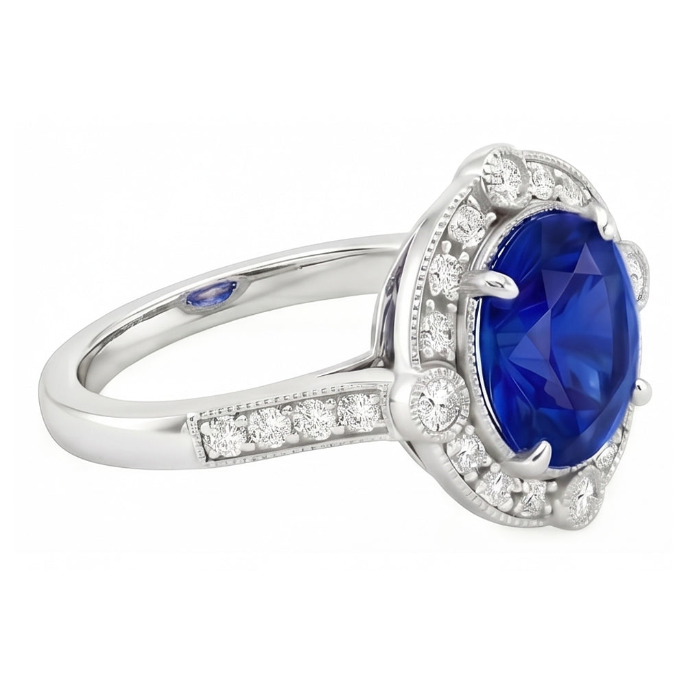 Gorgeous 5.60 Carats Sri Lanka Sapphire Round And Natural Earth Mined Diamond ( Not Lab Grown )  Gold Ring