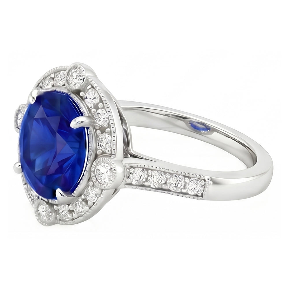 Gorgeous 5.60 Carats Sri Lanka Sapphire Round And Natural Earth Mined Diamond ( Not Lab Grown )  Gold Ring