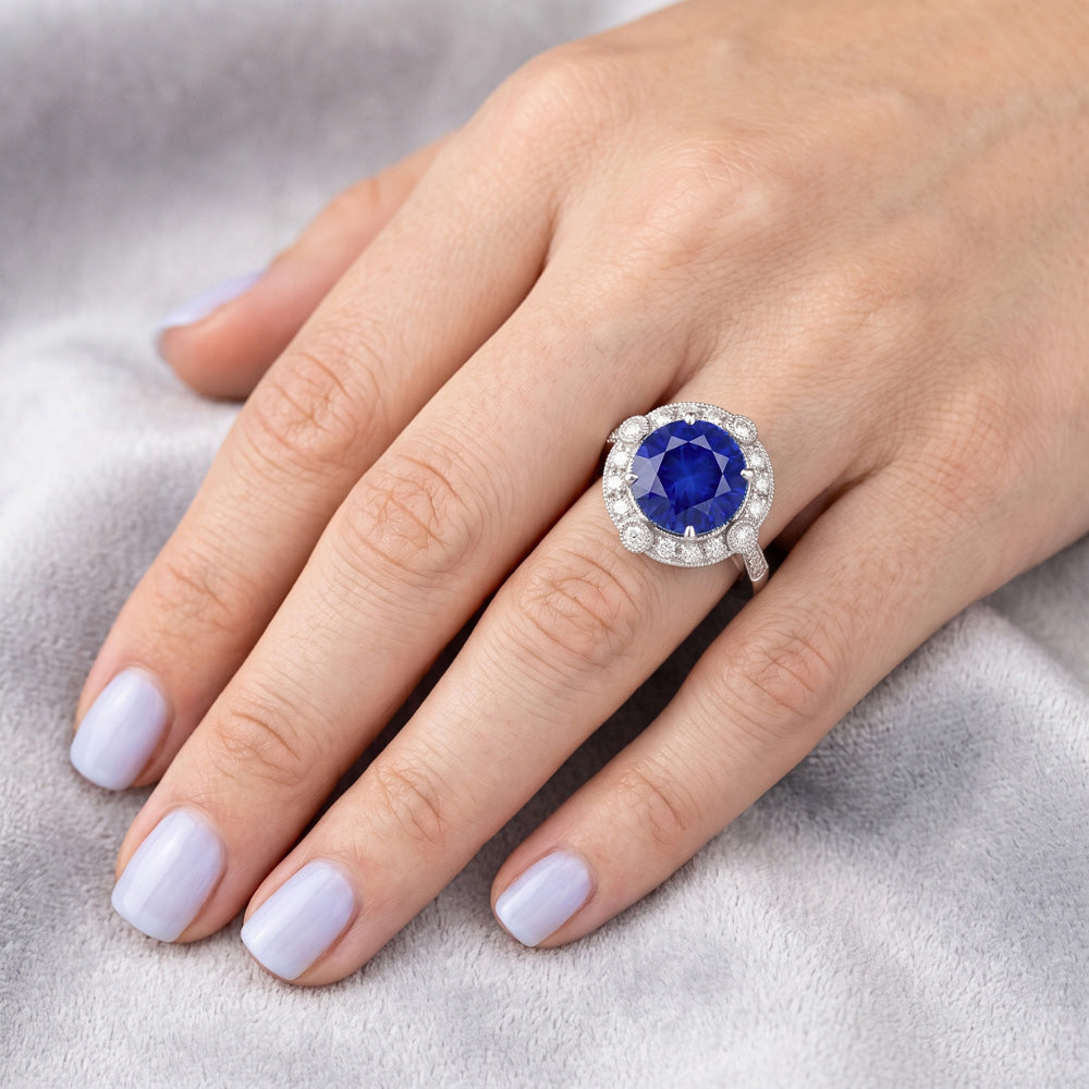 Gorgeous 5.60 Carats Sri Lanka Sapphire Round And Natural Earth Mined Diamond ( Not Lab Grown )  Gold Ring