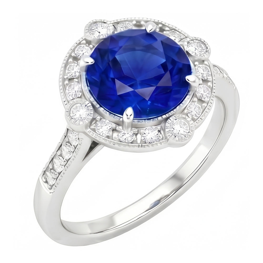 Gorgeous 5.60 Carats Sri Lanka Sapphire Round And Natural Earth Mined Diamond ( Not Lab Grown )  Gold Ring