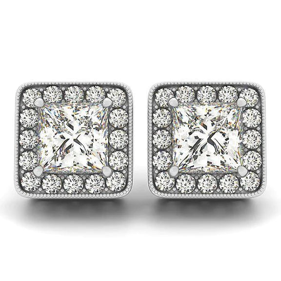 Gorgeous 3.32 Carats Princess & Round Cut Natural Diamonds Halo Stud Earring