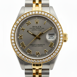 Gray Roman Dial Diamond Bezel Ss & Gold Rolex Lady Watch Datejust