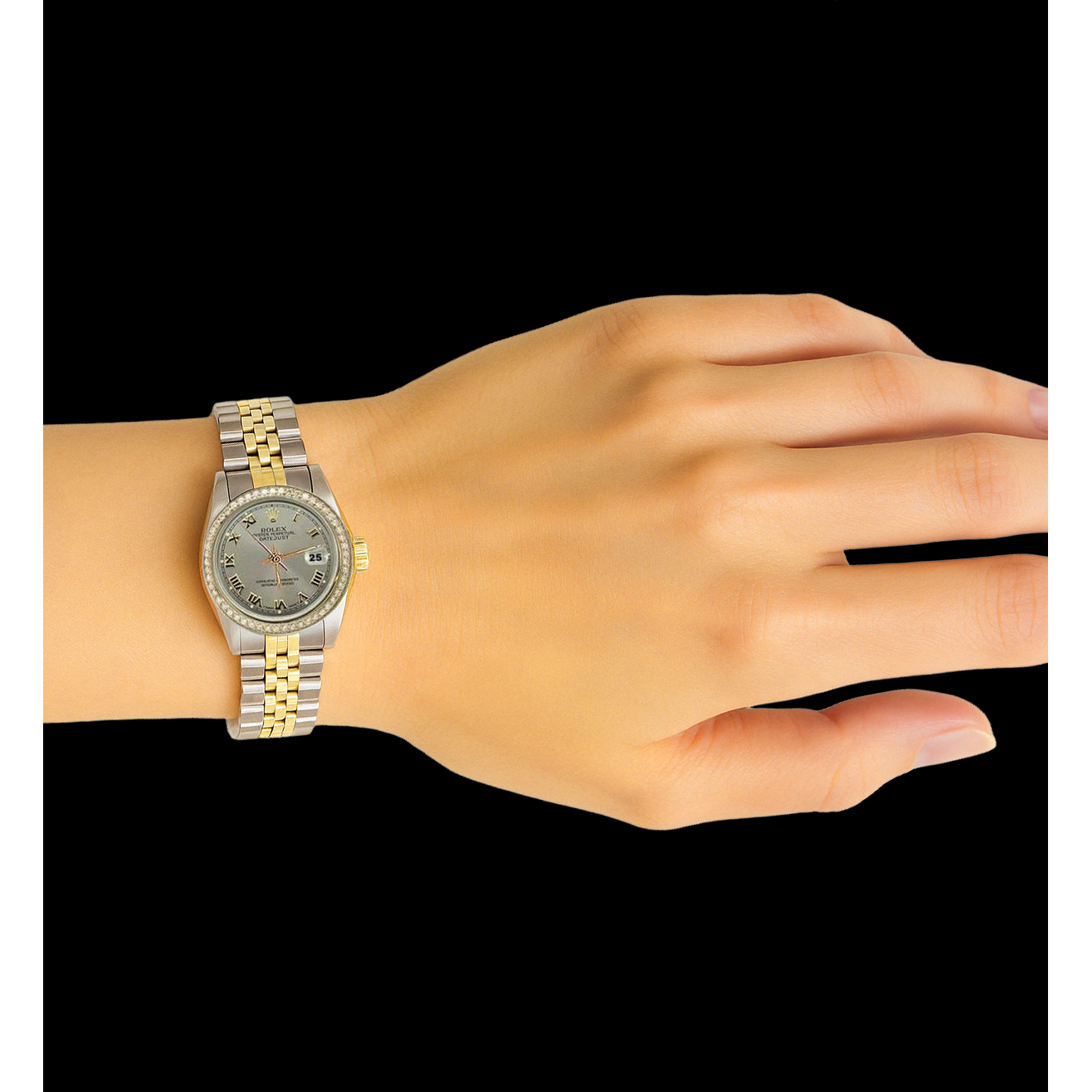 Gray Roman Dial Diamond Bezel Ss & Gold Rolex Lady Watch Datejust P2