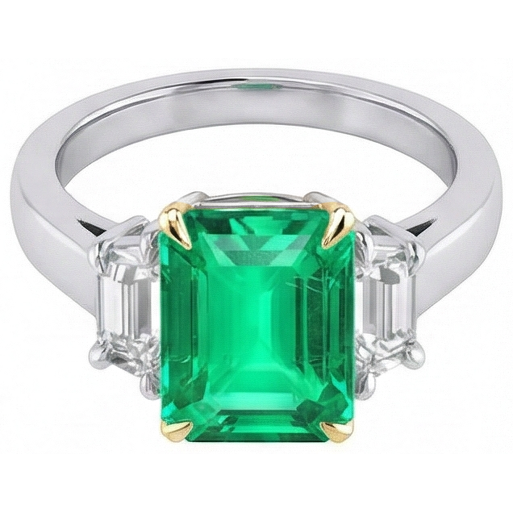 Step Cut Colombian Emerald ring in 14 Karat Two Tone Gold – front view