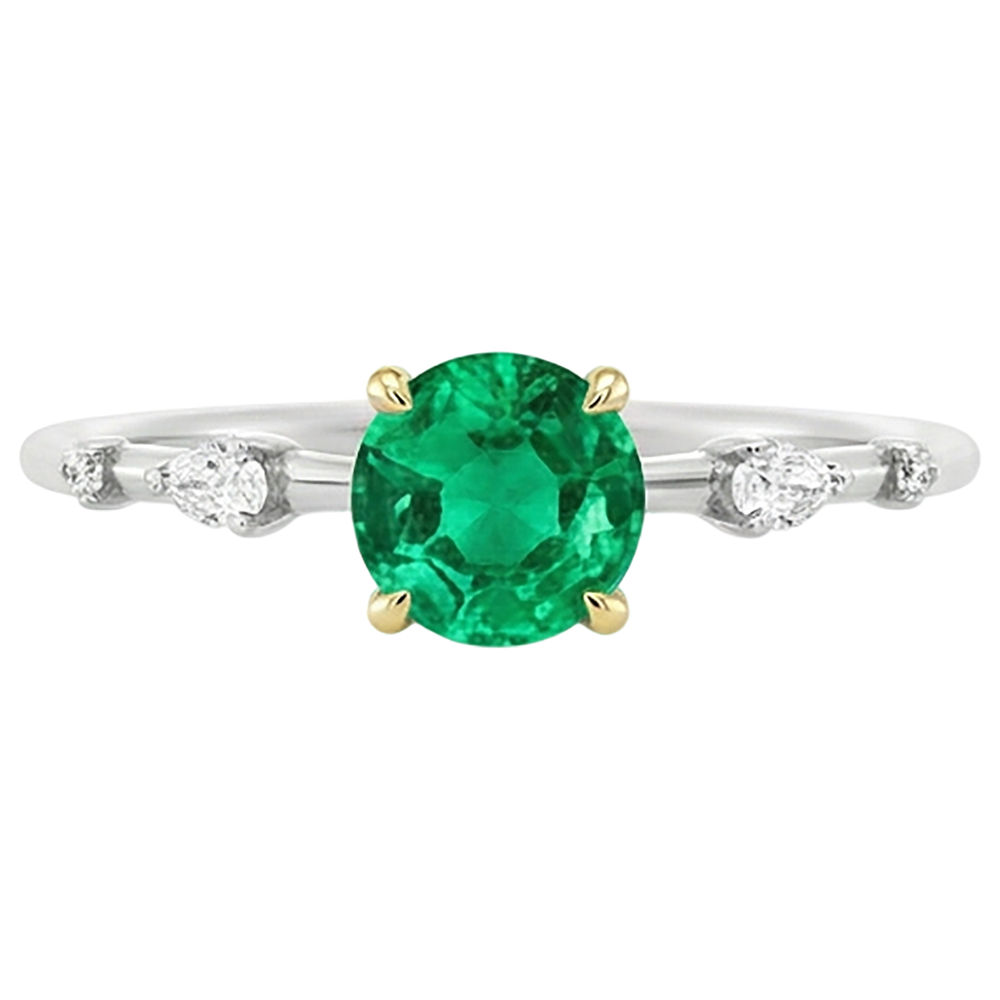Fine Emerald Round Brilliant Precious Stone Ring in Two-Tone 14K Gold – front view