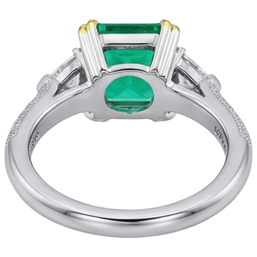 Fine Emerald Step Cut Precious Stone Ring in 14 Karat Two Tone Gold – top view