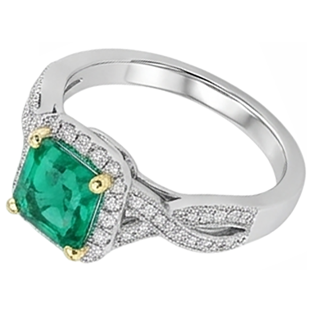 Fine Emerald Emerald Cut Gemstone Ring in 14 Karat Two Tone Gold – side view