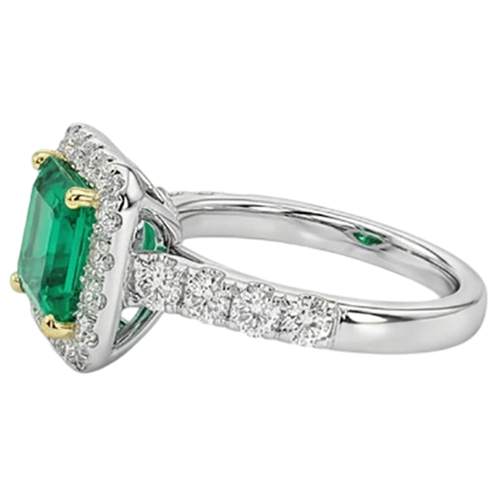 Emerald Asscher Cut Precious Stone Ring in 14 Karat Two Tone Gold – profile view