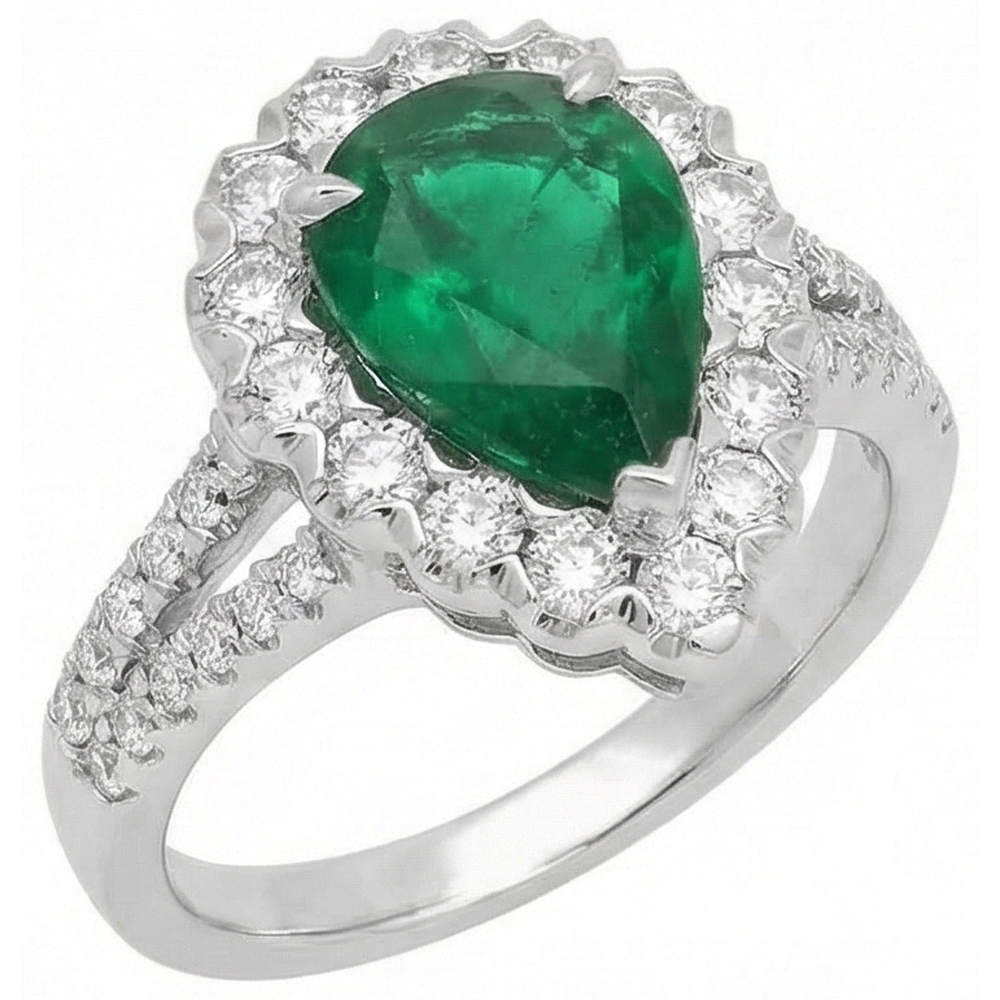 Green Emerald Halo Cocktail Engagement Ring