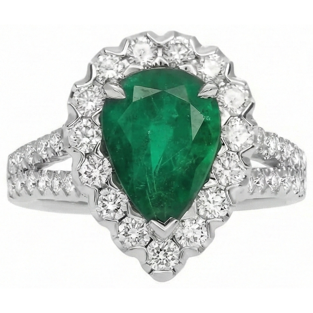 Green Emerald Halo Cocktail Engagement Ring