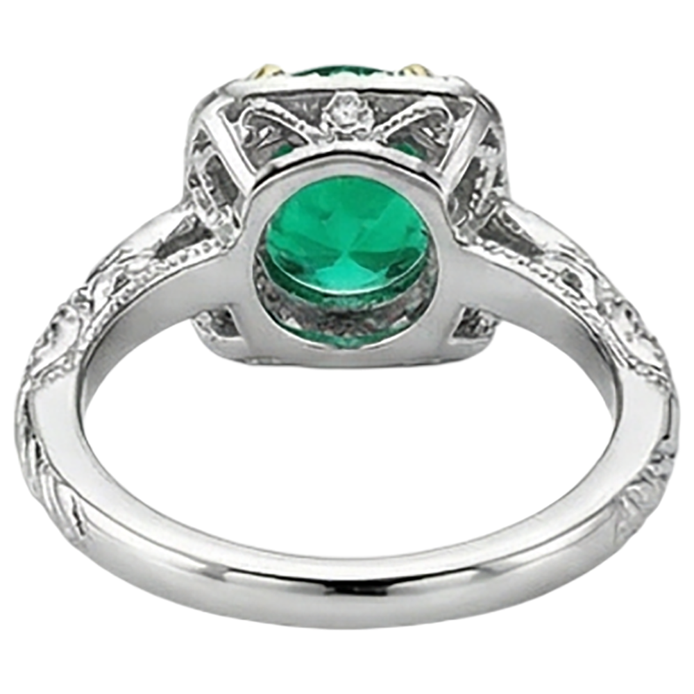 Round Cut Colombian Emerald ring in 14K Two Tone Gold – back view