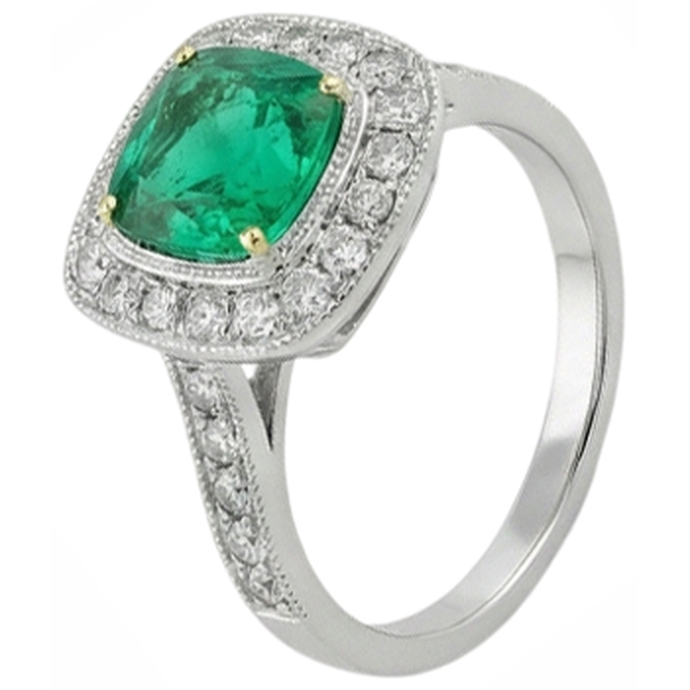 Cushion Cut Colombian Emerald ring in 14K Two Tone Gold – angle view