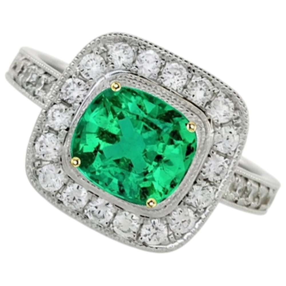 Colombian Emerald Colored Stone Ring 2-ct 14K Two Tone Gold – front view