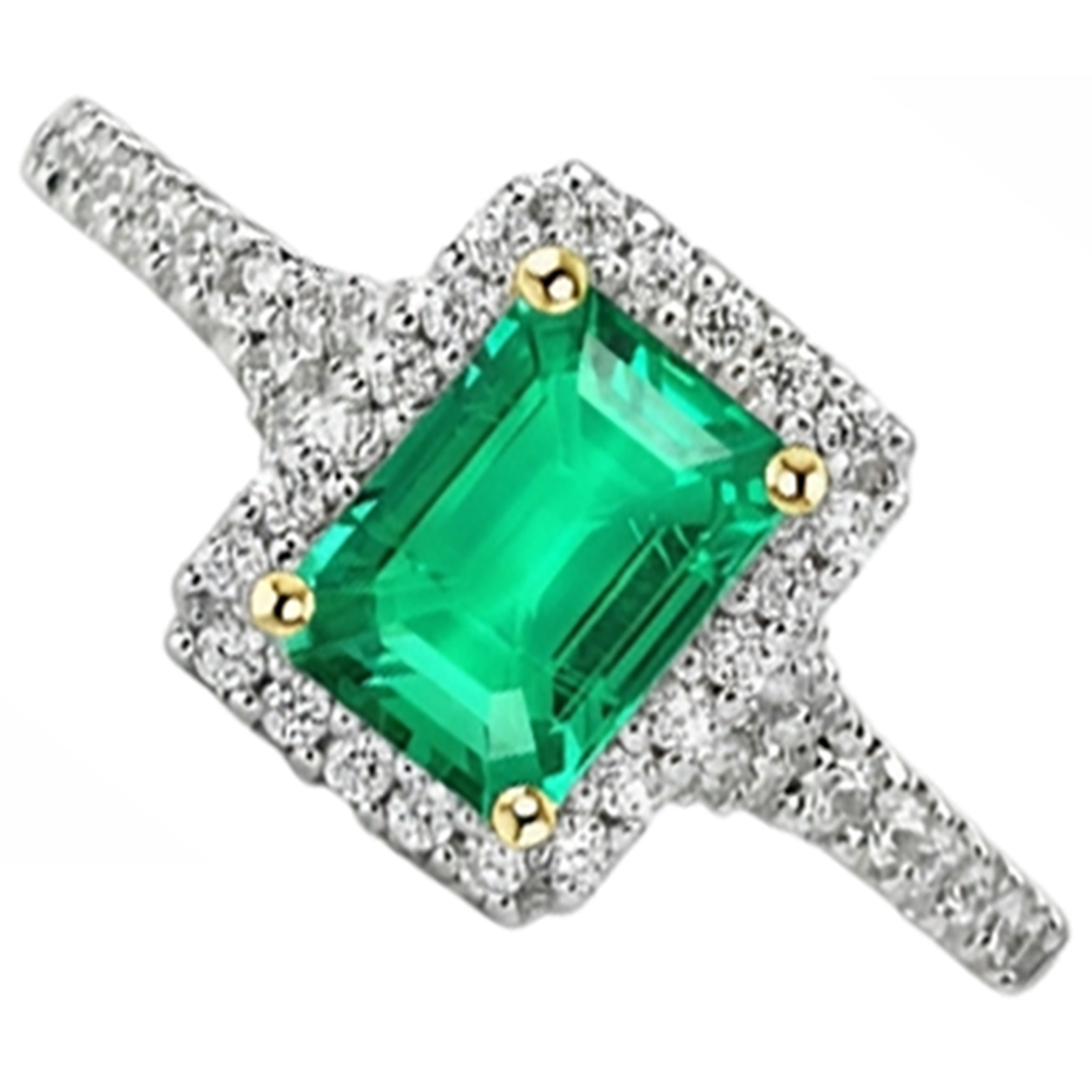 Natural Colombian Emerald Precious Stone Ring 2 ct 14K Two Tone Gold – front view