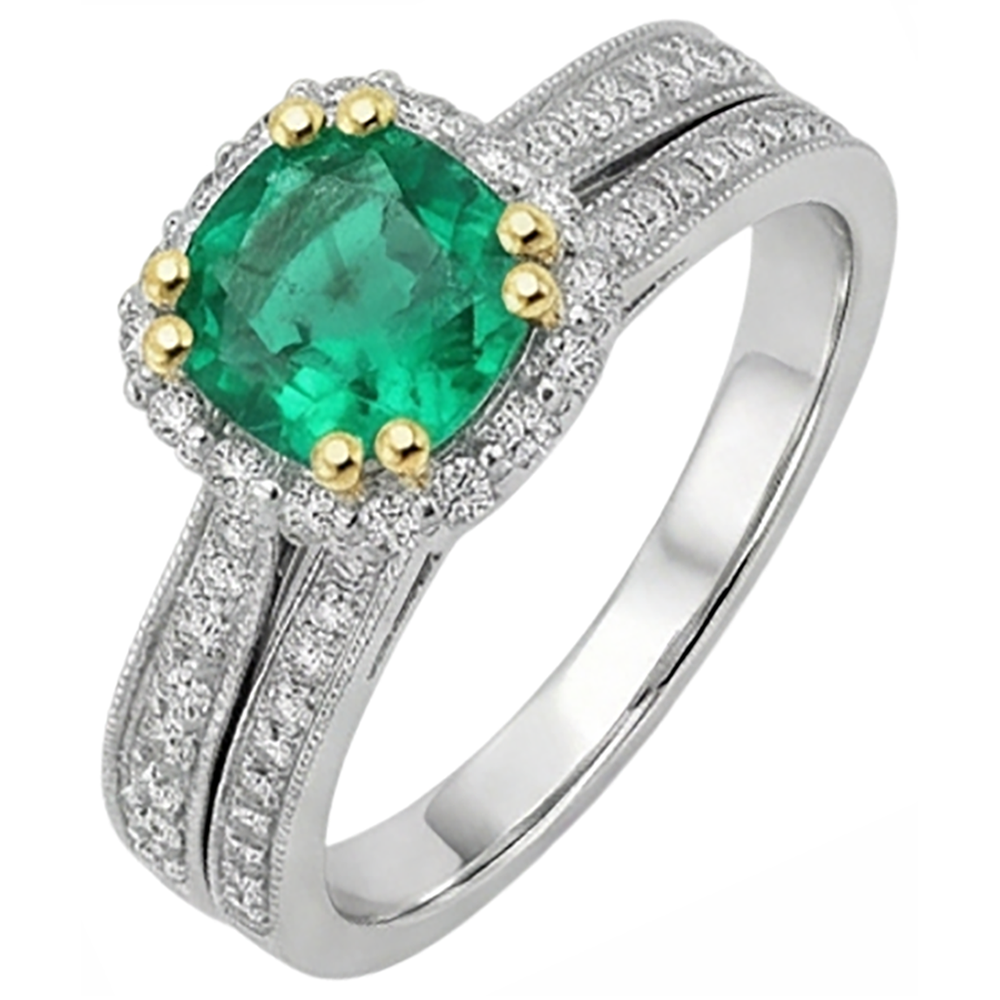 Fine Emerald Round Cut Colored Stone Ring in 14K Two Tone Gold – side view