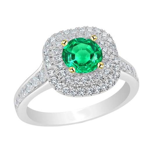 Emerald Round Brilliant Colored Stone Ring in 14 Karat Two Tone Gold – main view