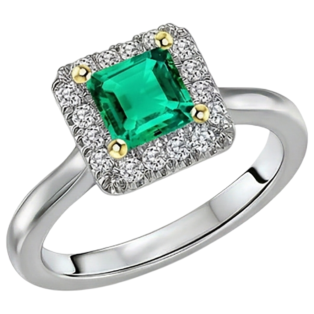 Colombian Emerald Princess Cut Precious Stone Ring in 14 Karat Two Tone Gold – side view
