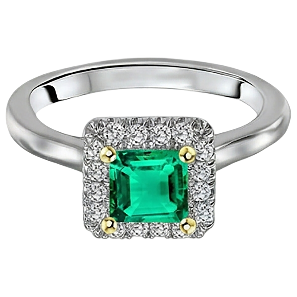 Authentic Colombian Emerald Precious Stone Ring 3 ct 14 Karat Two Tone Gold – front view