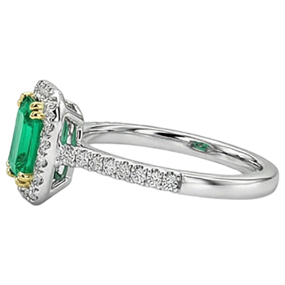 Fine Emerald Step Cut Precious Stone Ring in 14K Two Tone Gold – back view