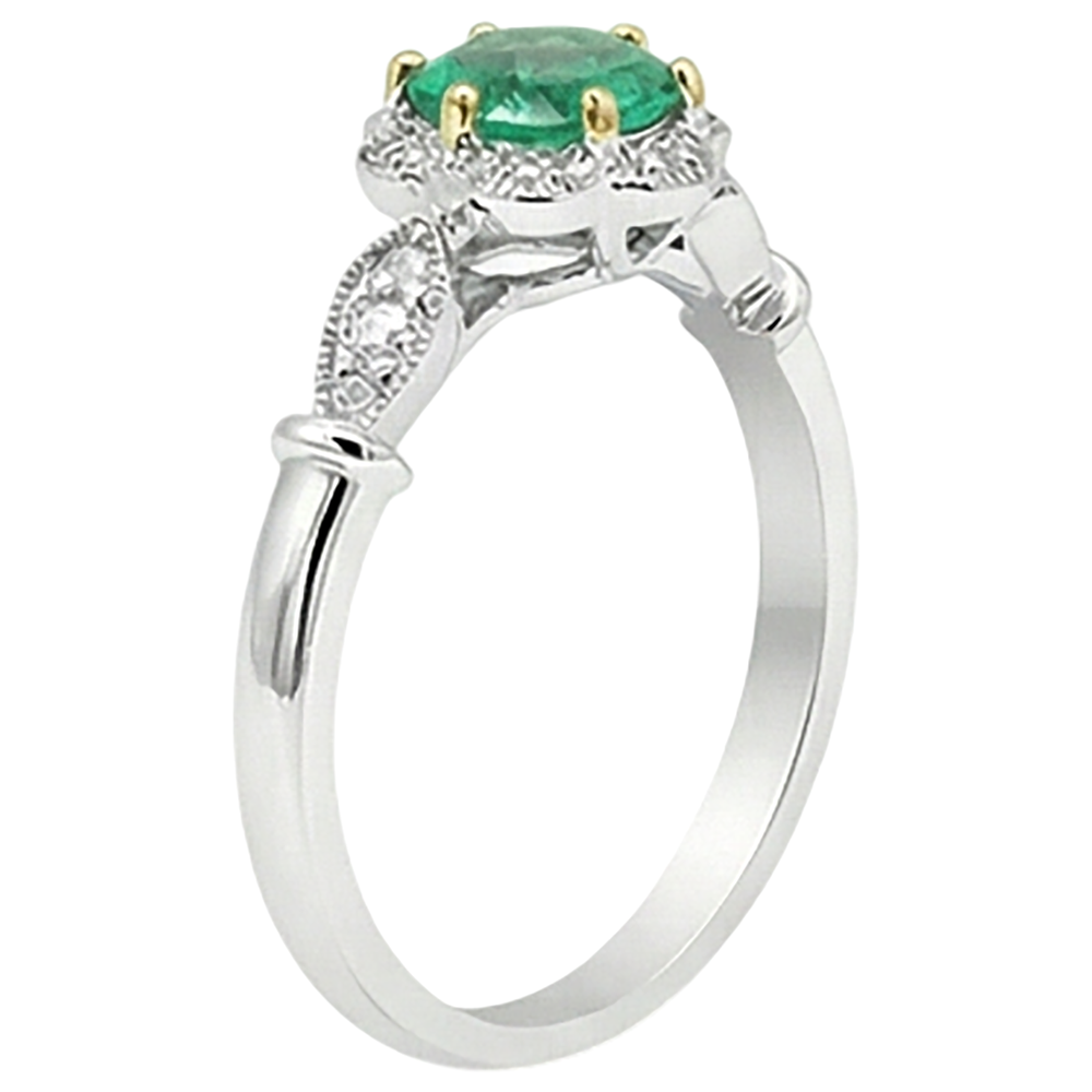 Colombian Emerald Round Brilliant Colored Stone Ring in 14K Two Tone Gold – top view