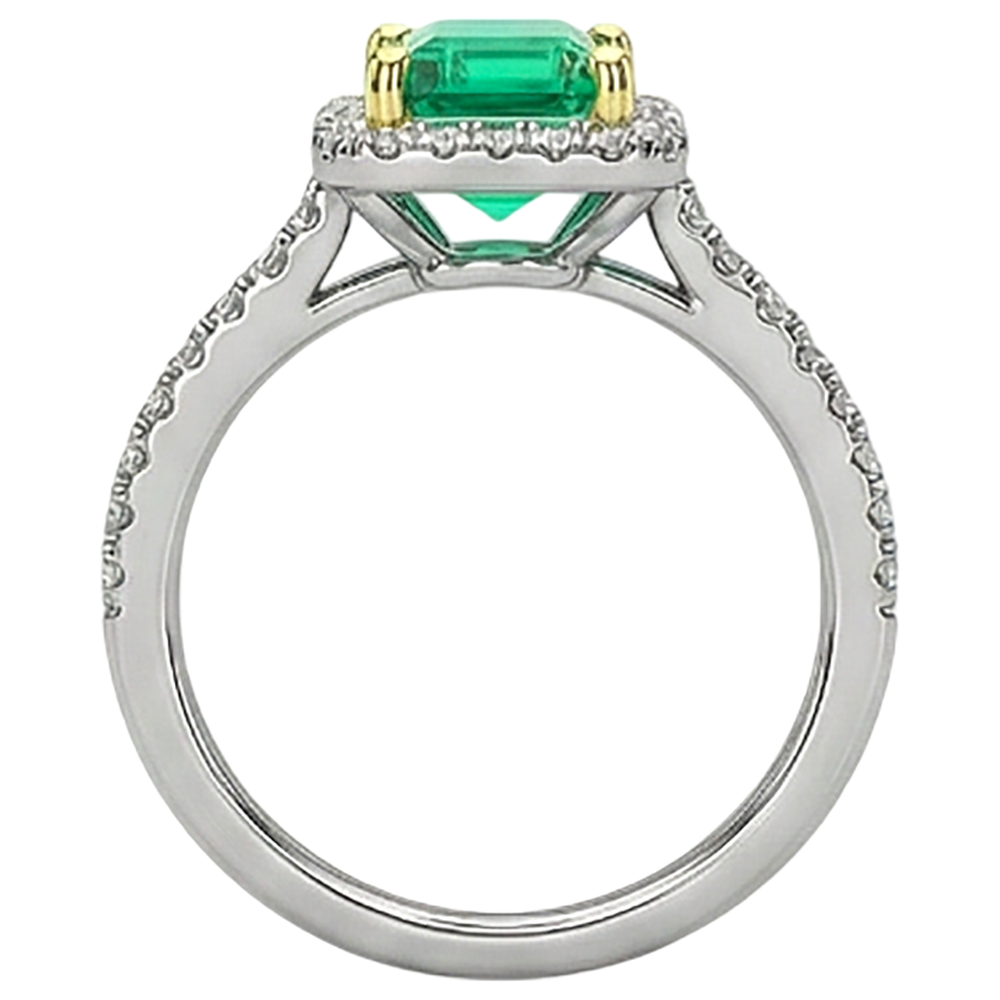 Emerald Cut Colombian Emerald ring in 14 Karat Two Tone Gold – back view