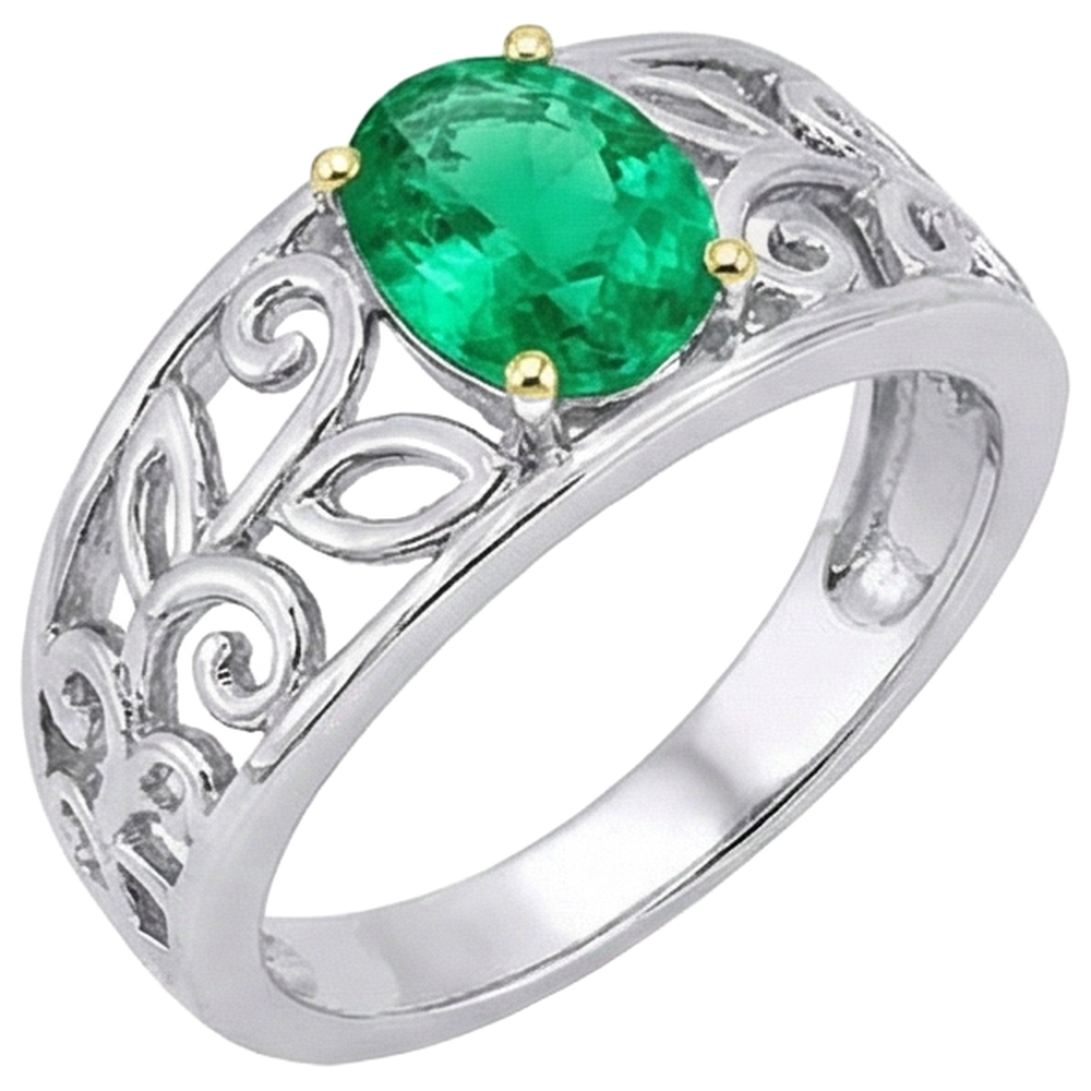Authentic Colombian Emerald Colored Stone Ring 2 ct Two-Tone 14K Gold – front view