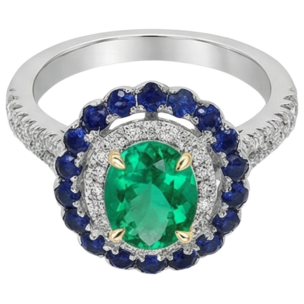 Colombian Emerald Precious Stone Ring 2-ct 14 Karat Two Tone Gold – front view