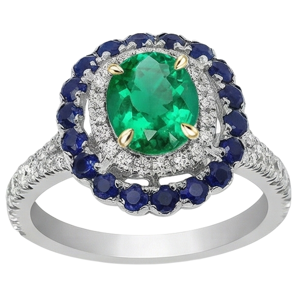 Precious Stone Ring 14 Karat Two Tone Gold with Colombian Emerald – profile view