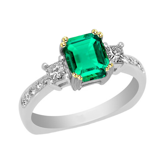 Colombian Emerald Emerald Cut Precious Stone Ring in 14 Karat Two Tone Gold – main view