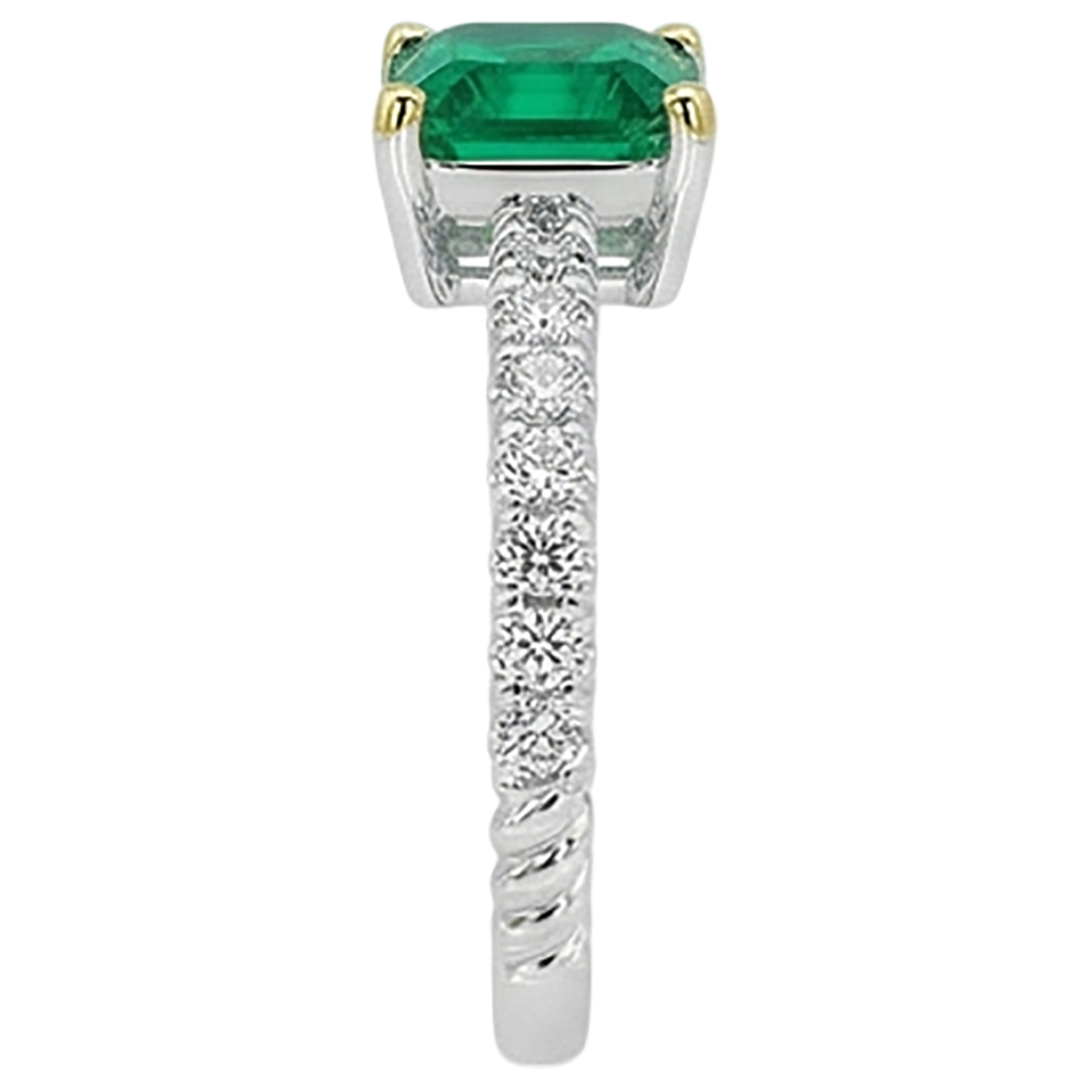 Colombian Emerald Emerald Cut Colored Stone Ring in Two-Tone 14K Gold – top view