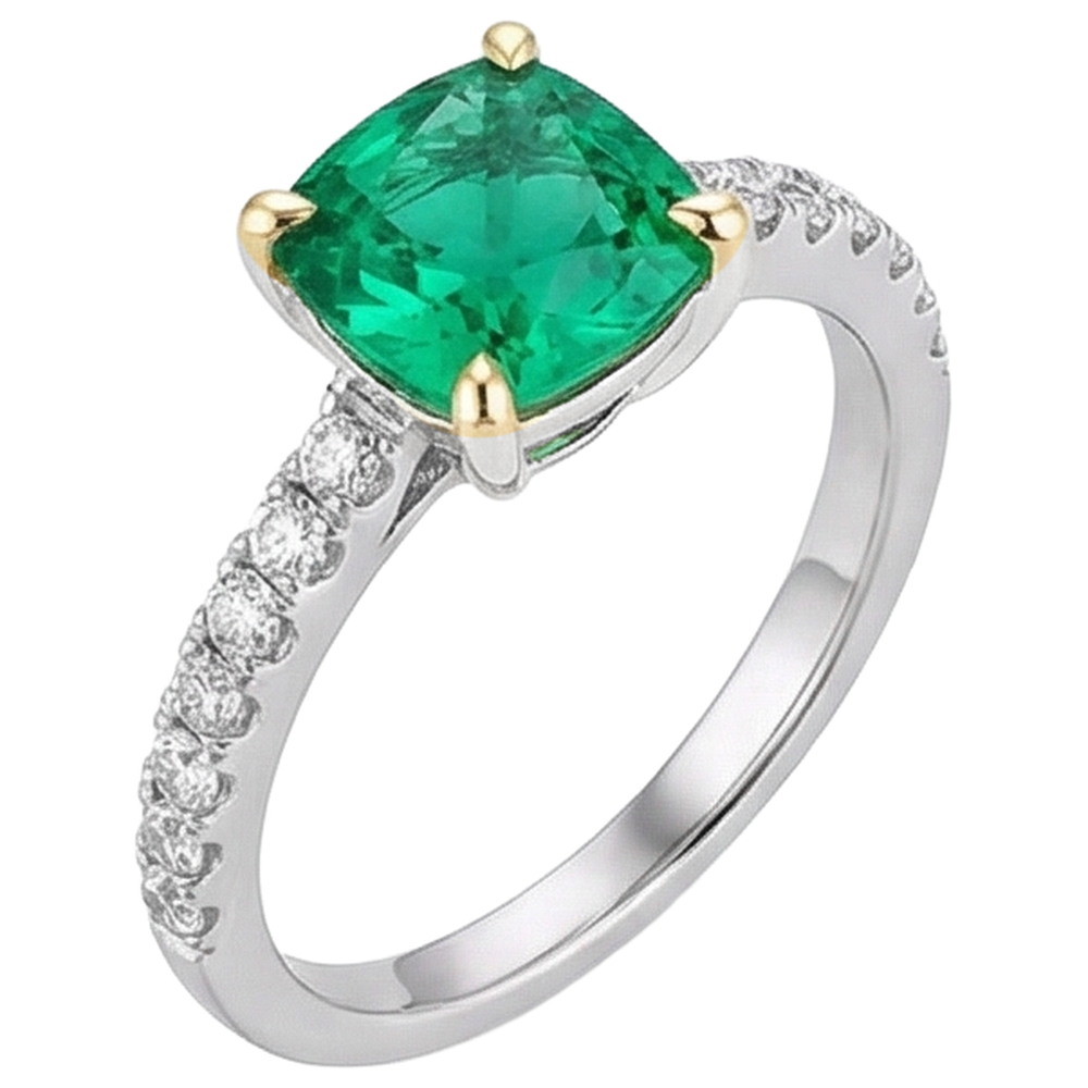 Cushion Fine Emerald ring in 14K Two Tone Gold – side view